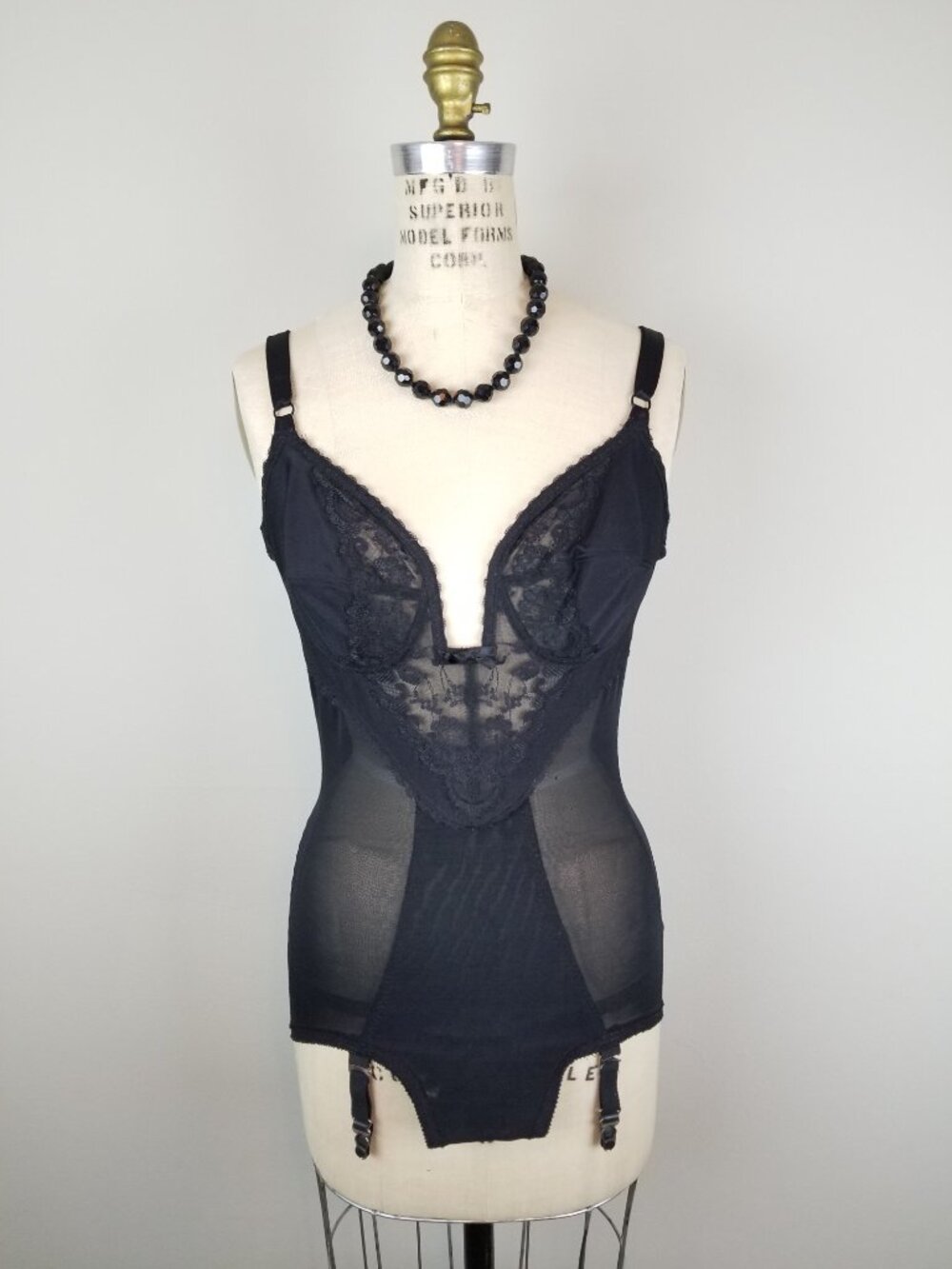 Vintage 1950's Lady Marlene Sexy Black Lace Bodysuit Plunge Bustier Garters 38B